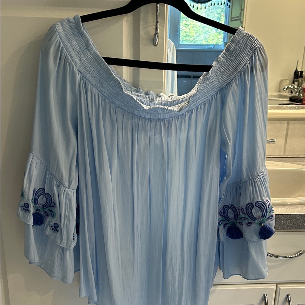 Light Blue Off-Shoulder Embroidered Women's Top
